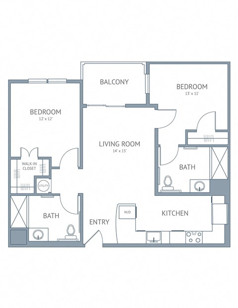 Floor plan for 2 beds, 2 baths, 889 sqft